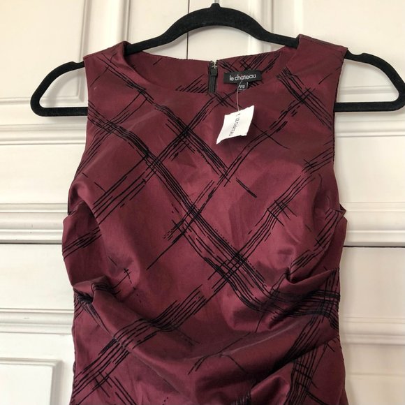 *NWT* Ruched Sleeveless Abstract Print Burgundy Dress - Made in Canada - XXS - Picture 3 of 16